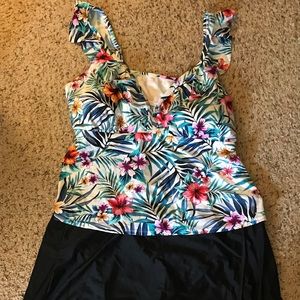 Floral Tankini Top with Black Swim Skirt